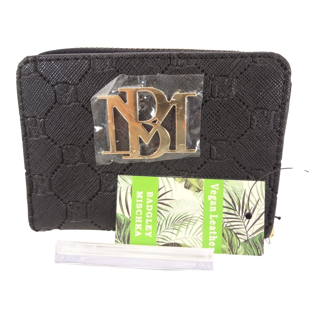Badgley Mischka Wallet Black NEW Vegan Saffiano Leather Embossed Logo Bifold